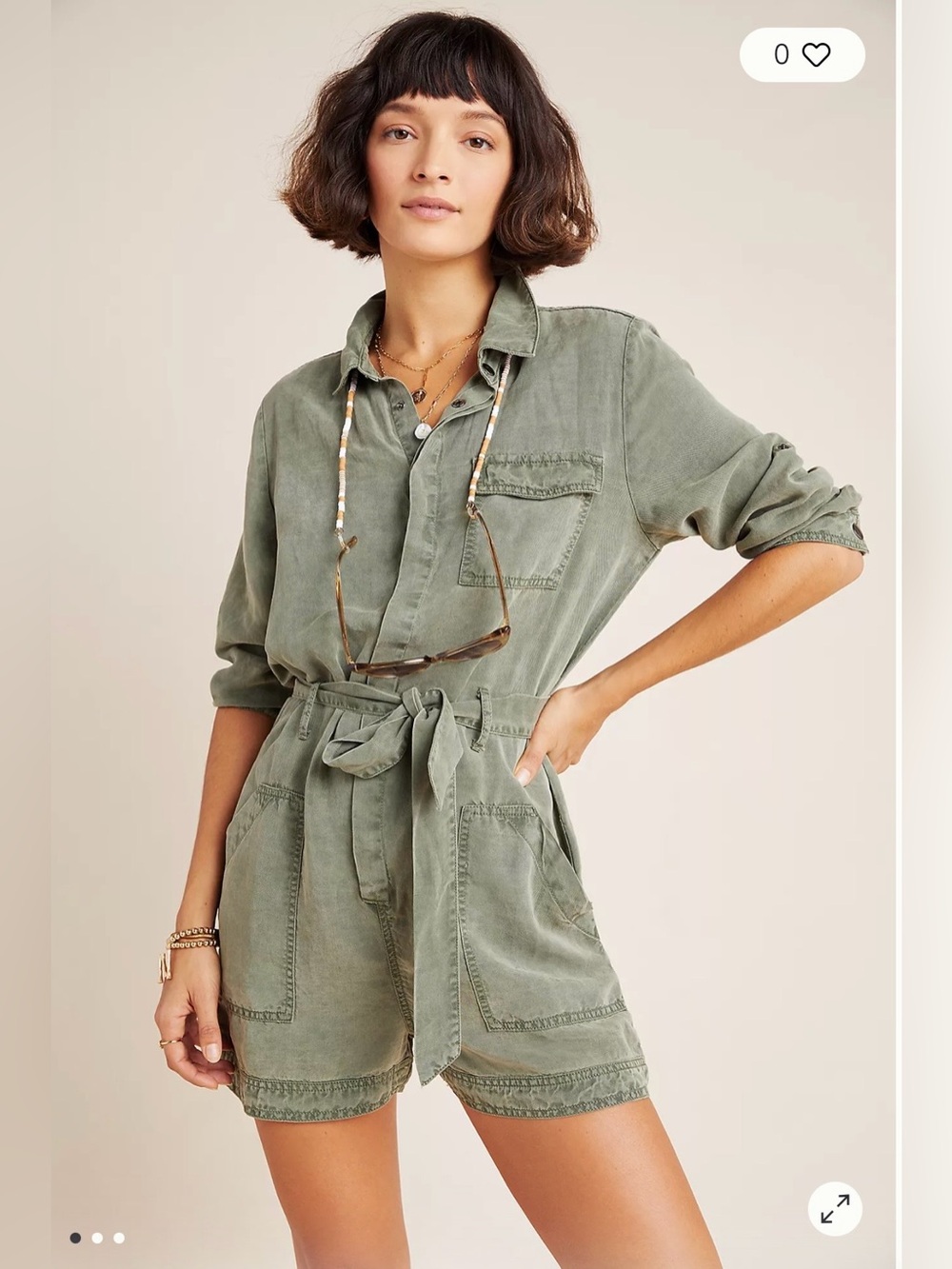 Anthropologie Dear John Devon Utility Romper Women’s L Sage Green Linen Lyocell